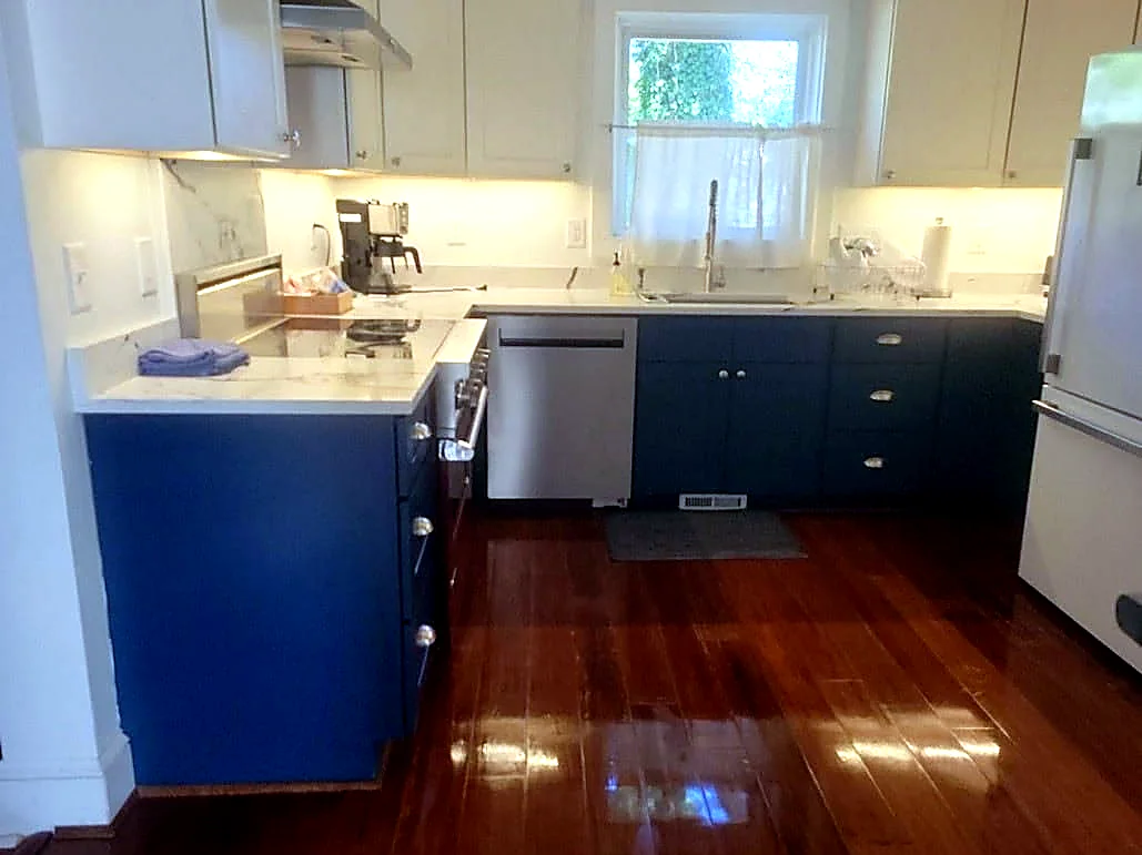 Clean blue and white kitchen